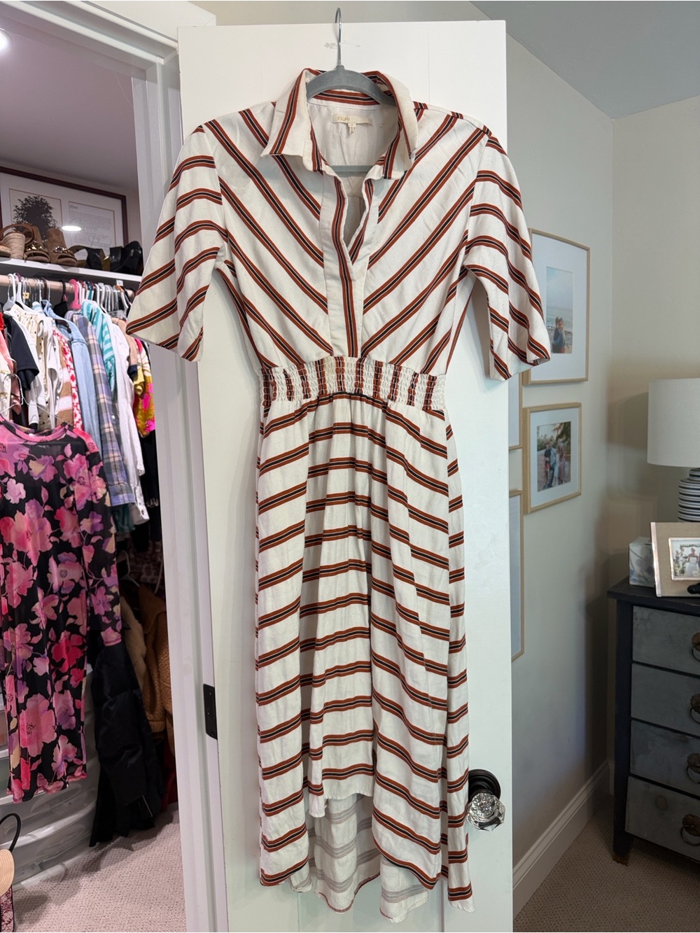 Maje Cream & Rust Striped High-Low Shirt Dress